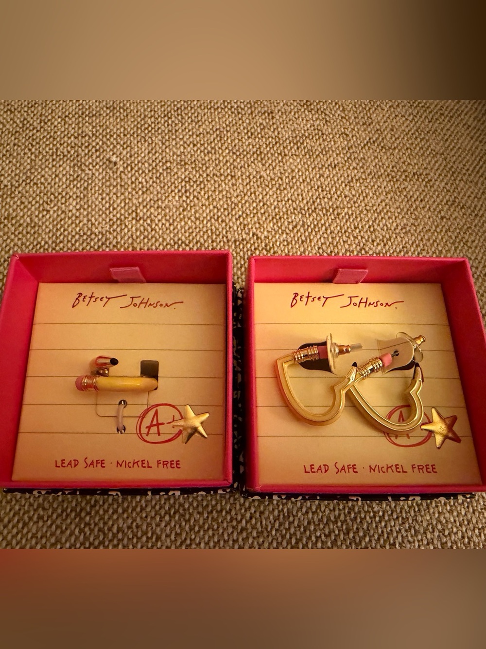 Set of 2 Betsey Johnson Pencil Heart Earrings & Pencil Ring